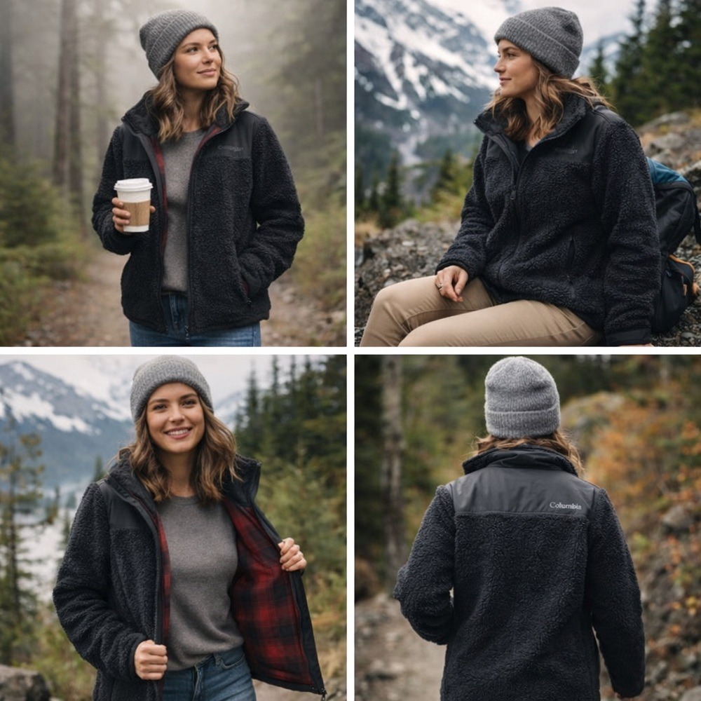 Columbia Interpass Sherpa Fleece Jacket Womens M Black Full Zip Hiking Outdoor